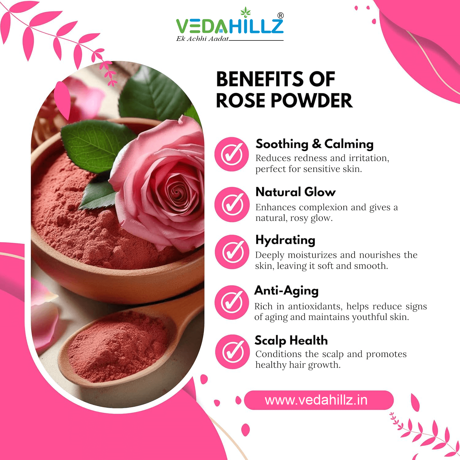 Vedahillz Rose Petals Powder – Culinary, Herbal & Beauty Use Made from Premium Fresh Roses